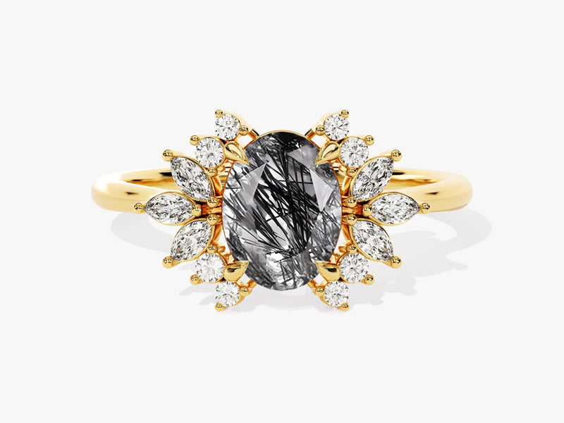 Gold ring with rutilated quartz and diamonds