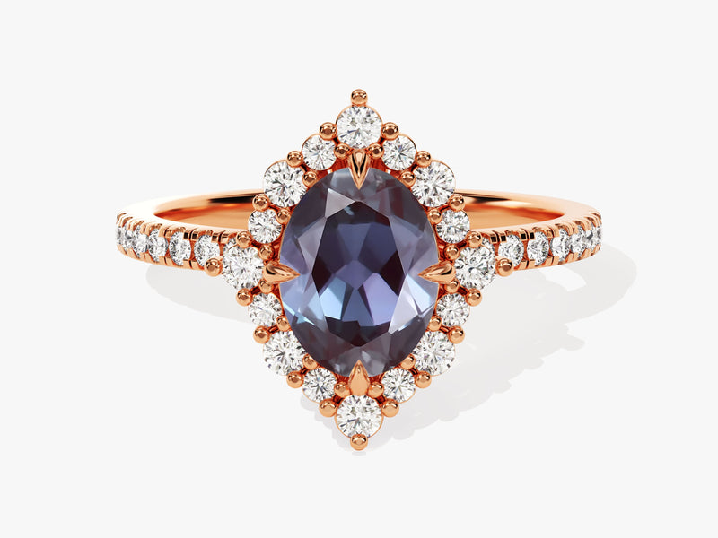 Rose gold ring with oval alexandrite and diamond halo