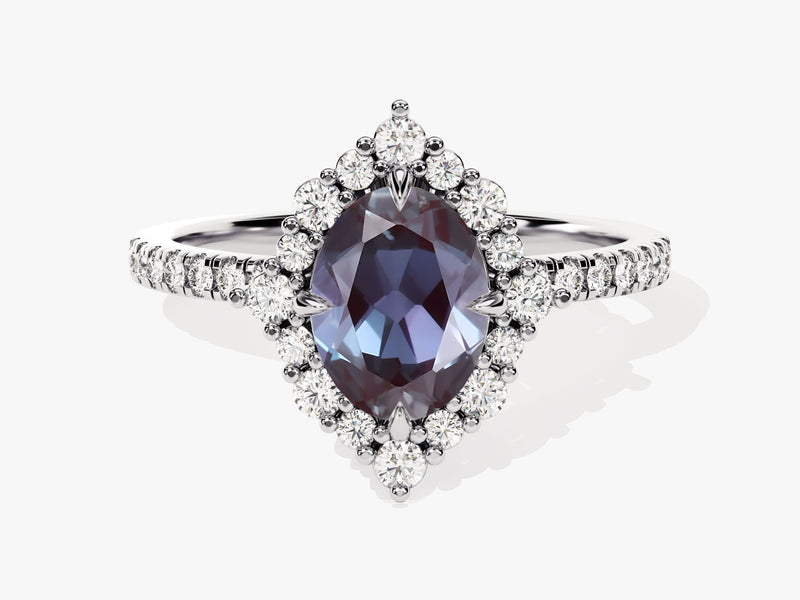 Marquise alexandrite halo ring with diamonds
