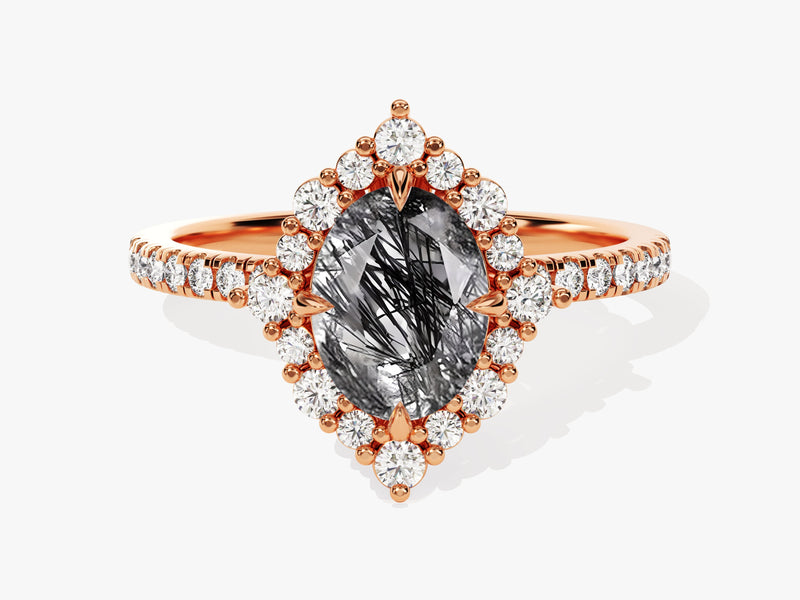 Rose gold ring with black rutile quartz and diamonds