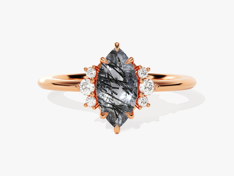 Rose gold ring with marquise rutilated quartz and diamond accents