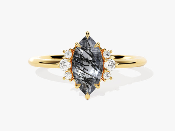 Marquise rutilated quartz ring with diamonds, gold band