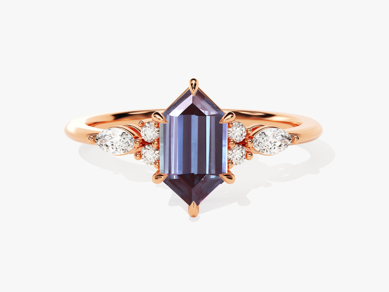 Hexagonal alexandrite ring with pear-shaped diamonds, rose gold setting