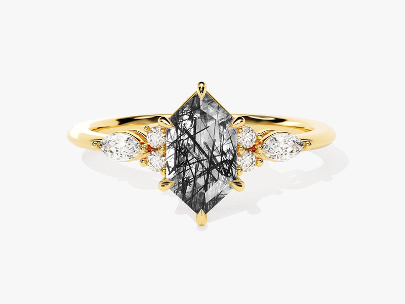 Gold ring with marquise cut rutilated quartz and diamonds