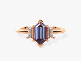 Hexagonal alexandrite ring with baguette diamonds, rose gold jewelry