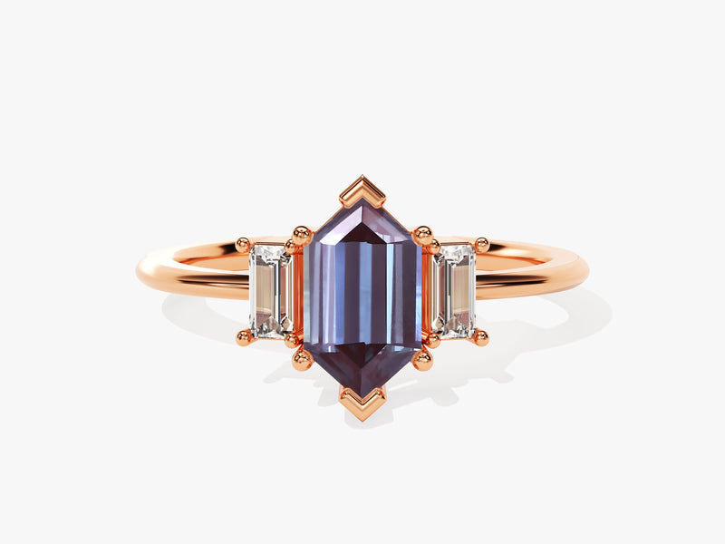 Hexagonal alexandrite ring with baguette diamonds, rose gold jewelry
