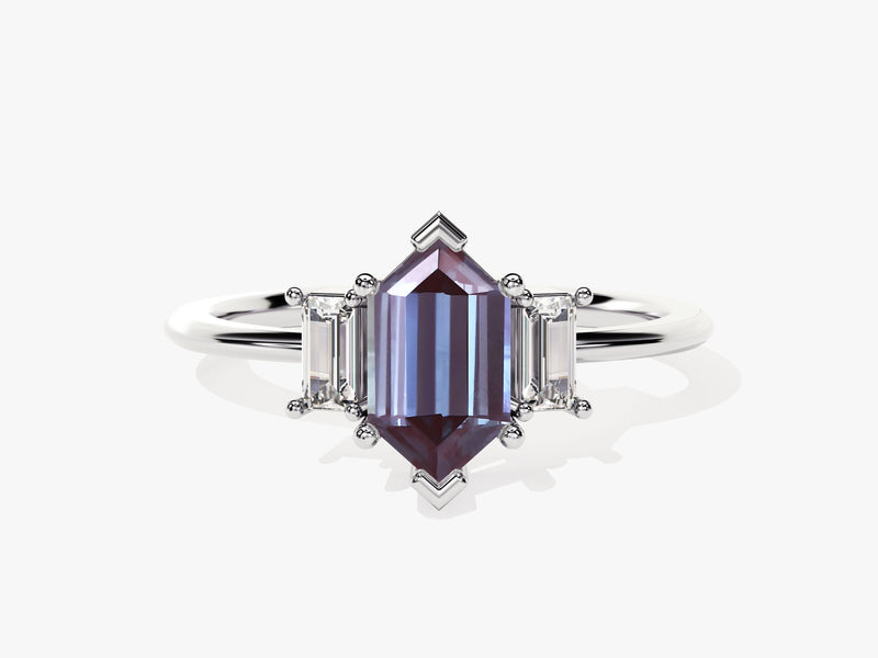Hexagonal alexandrite ring with baguette diamonds, fine jewelry