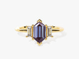 Hexagonal alexandrite ring with baguette diamonds on gold band