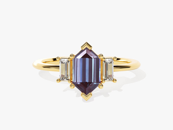 Hexagonal alexandrite ring with baguette diamonds on gold band