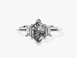 Hexagonal rutilated quartz engagement ring with baguette diamonds