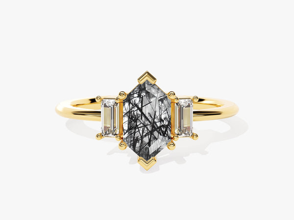 Gold ring with hexagon rutilated quartz and baguette diamonds