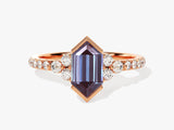 Hexagonal alexandrite ring with diamonds on rose gold band