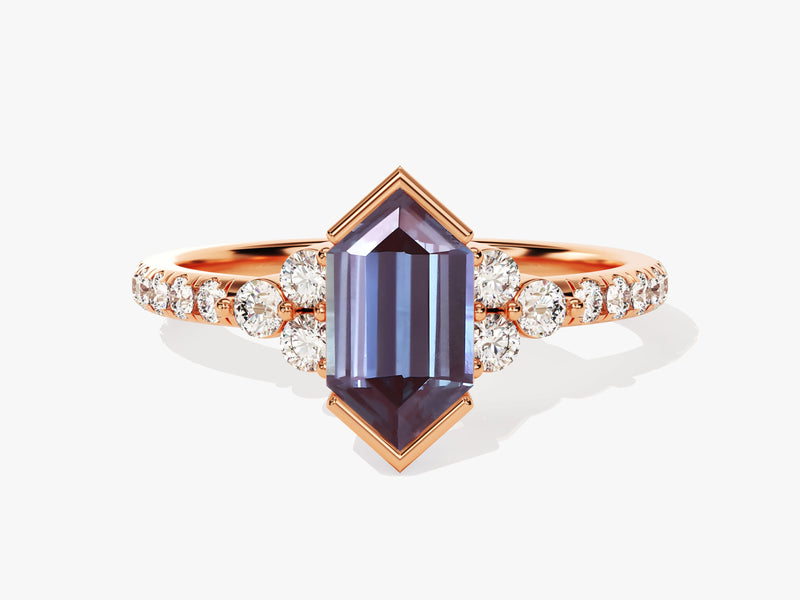 Hexagonal alexandrite ring with diamonds on rose gold band