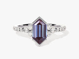 Hexagonal alexandrite engagement ring with diamond accents