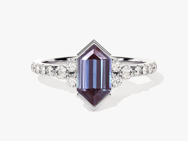 Hexagonal alexandrite engagement ring with diamond accents