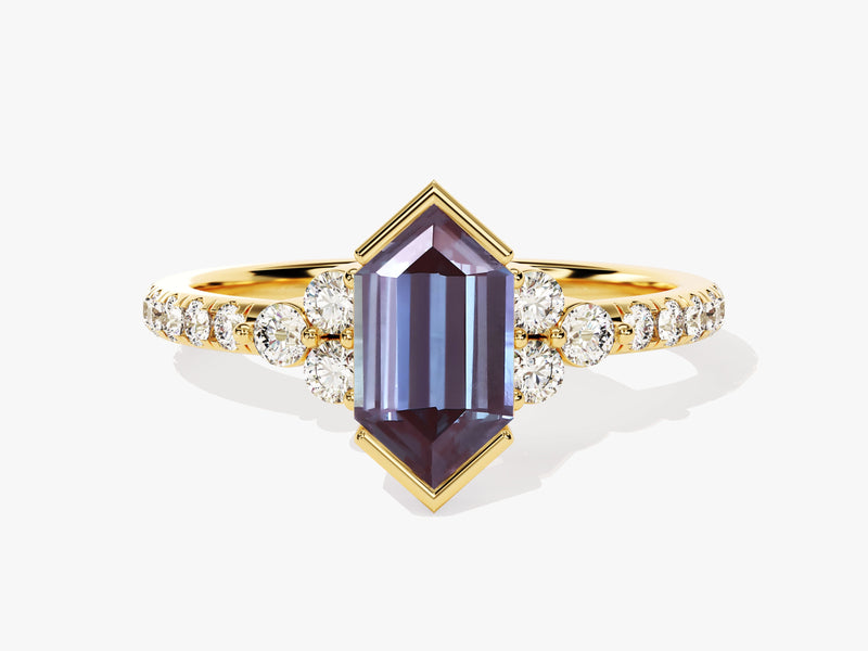 Gold ring with emerald-cut alexandrite and diamond accents