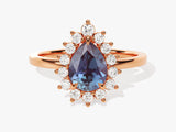 Pear-shaped alexandrite ring with diamond halo, rose gold setting