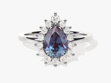 Pear-shaped alexandrite and diamond halo ring for jewelry