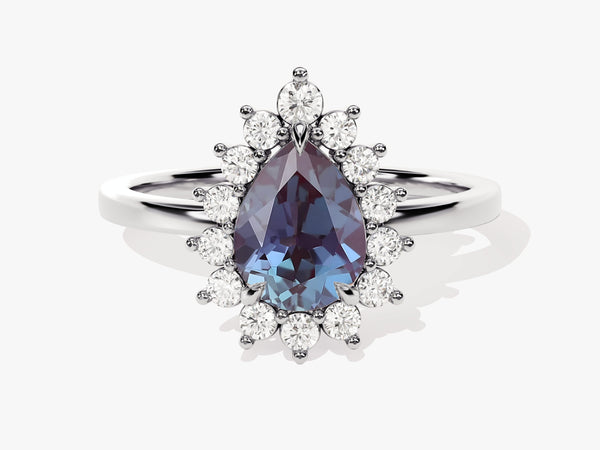 Pear-shaped alexandrite and diamond halo ring for jewelry
