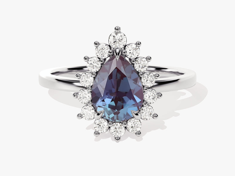 Pear-shaped alexandrite and diamond halo ring for jewelry