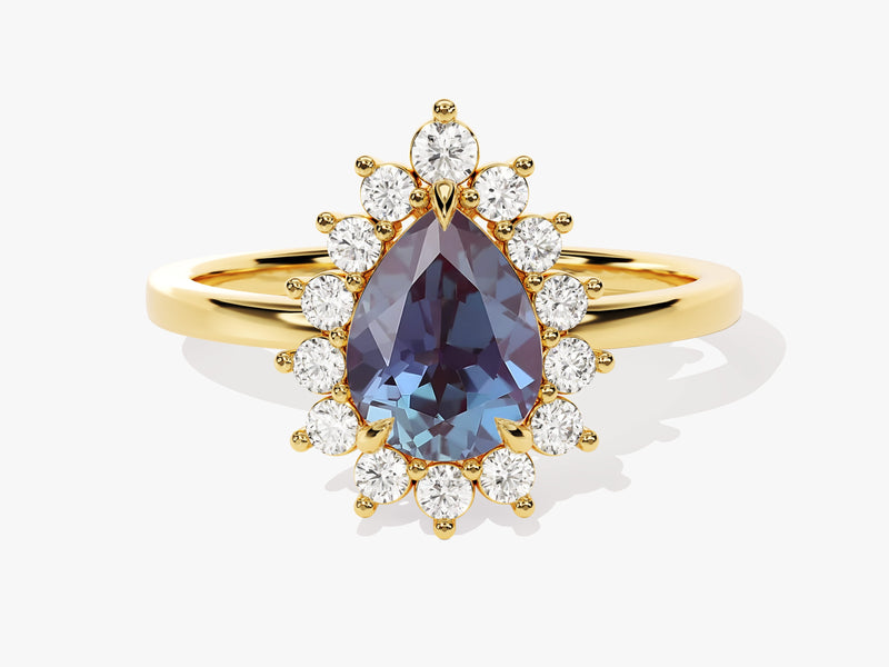 Gold ring with pear-shaped alexandrite and diamond halo