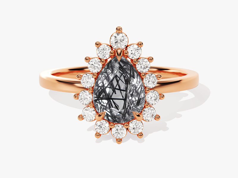 Rose gold ring with pear-cut rutilated quartz and diamond halo