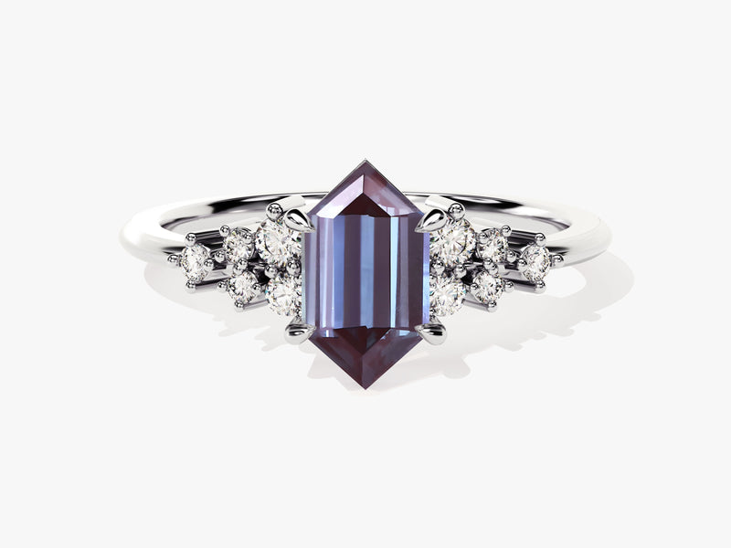 Hexagonal alexandrite ring with diamond accents, fine jewelry