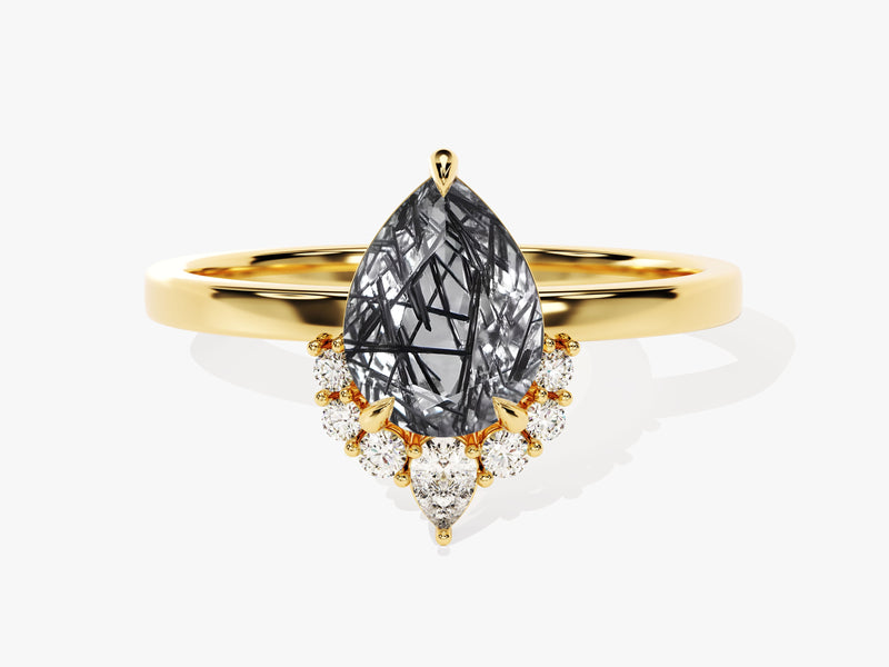 Gold ring with pear-cut rutilated quartz and diamond accents
