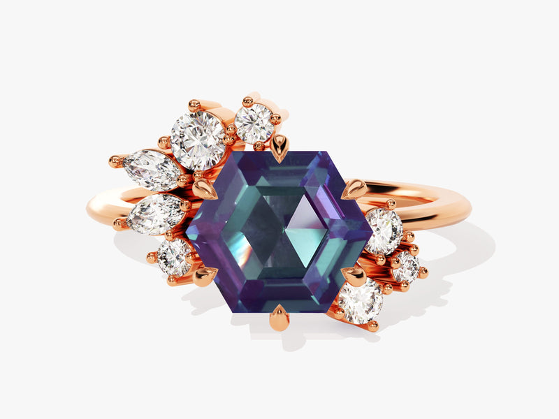 Rose gold ring with hexagonal alexandrite and diamonds
