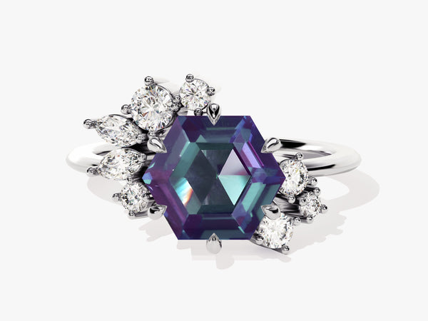 Hexagonal alexandrite ring with diamond accents
