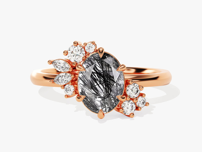 Rose gold ring with oval rutilated quartz and diamonds