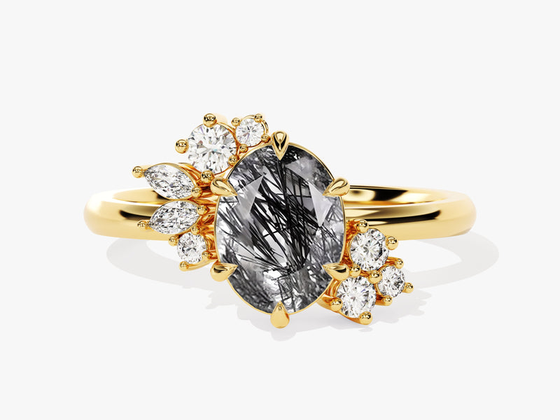 Gold ring with oval rutilated quartz and diamond accents