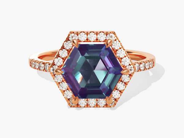 Hexagonal alexandrite ring with diamond halo and rose gold band