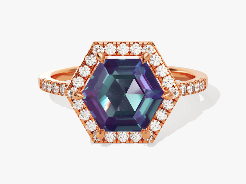 Hexagonal alexandrite ring with diamond halo and rose gold band