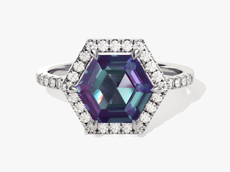 Hexagonal alexandrite ring with diamond halo, fine jewelry