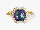 Hexagonal alexandrite ring with diamonds, gold jewelry