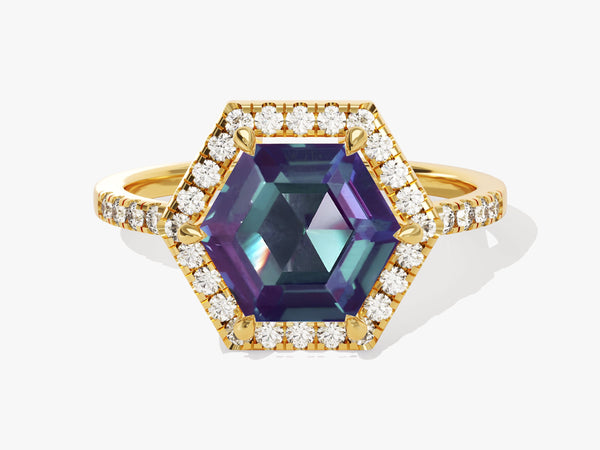 Hexagonal alexandrite ring with diamonds, gold jewelry