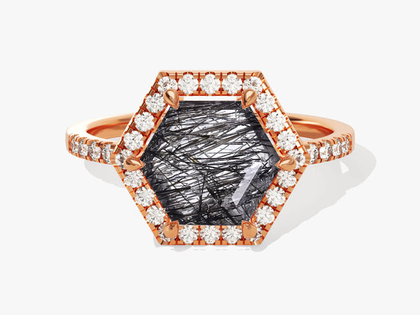 Rose gold hexagon ring with rutilated quartz and diamonds