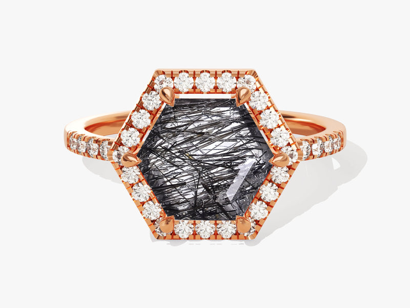 Rose gold hexagon ring with rutilated quartz and diamonds