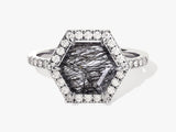 Hexagonal rutilated quartz diamond halo ring jewelry