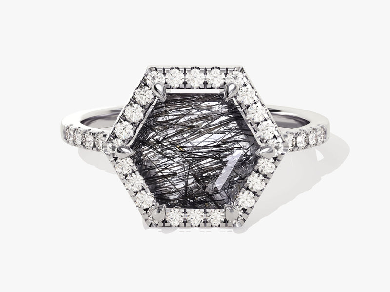 Hexagonal rutilated quartz diamond halo ring jewelry