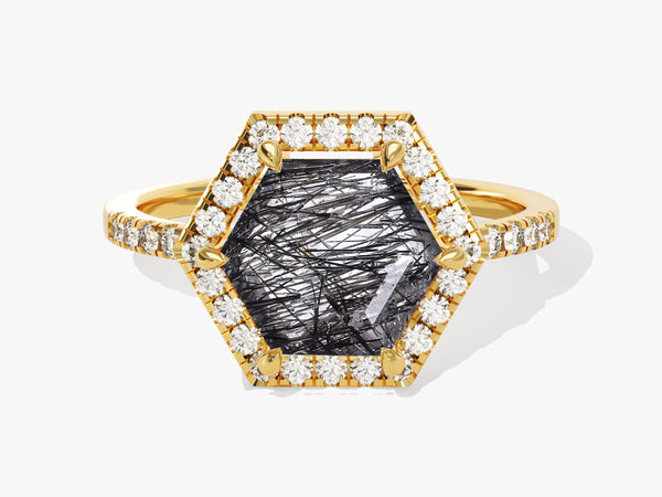 Hexagonal rutilated quartz ring with diamonds in yellow gold