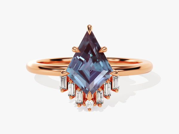Rose gold ring with kite-cut alexandrite and baguette diamonds