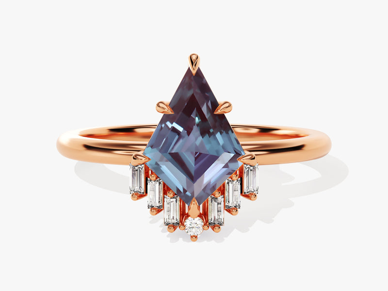 Rose gold ring with kite-cut alexandrite and baguette diamonds