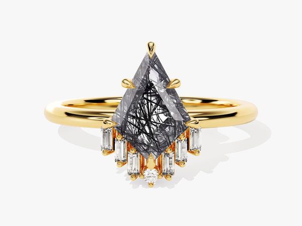 Gold ring with black rutile quartz and baguette diamonds