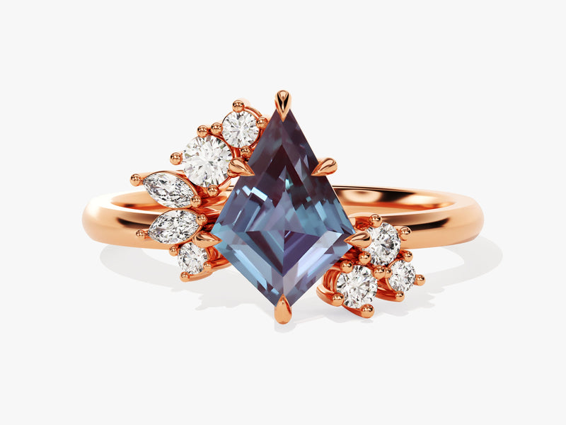 Rose gold ring with kite-cut alexandrite and diamond accents