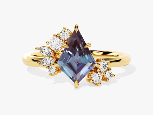 Gold ring with kite-cut alexandrite and diamond accents