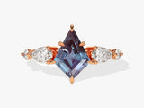 Rose gold ring with kite-cut alexandrite and pear-shaped diamonds