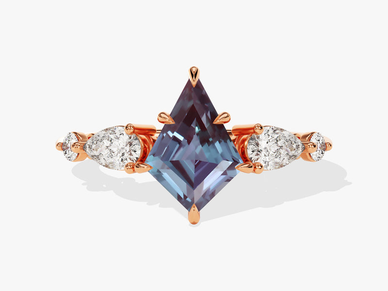 Rose gold ring with kite-cut alexandrite and pear-shaped diamonds