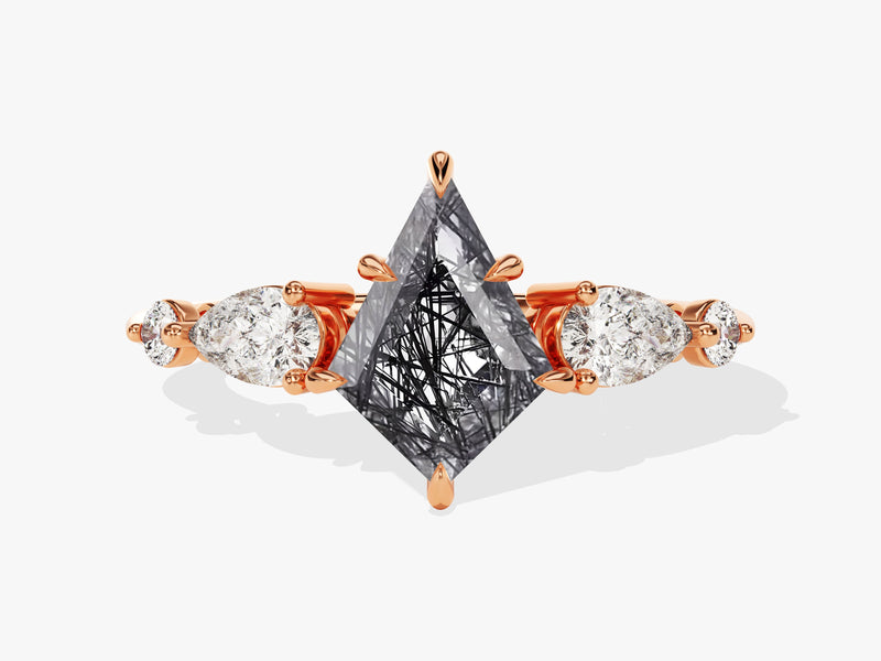 Rose gold ring with kite-cut rutilated quartz and pear diamonds